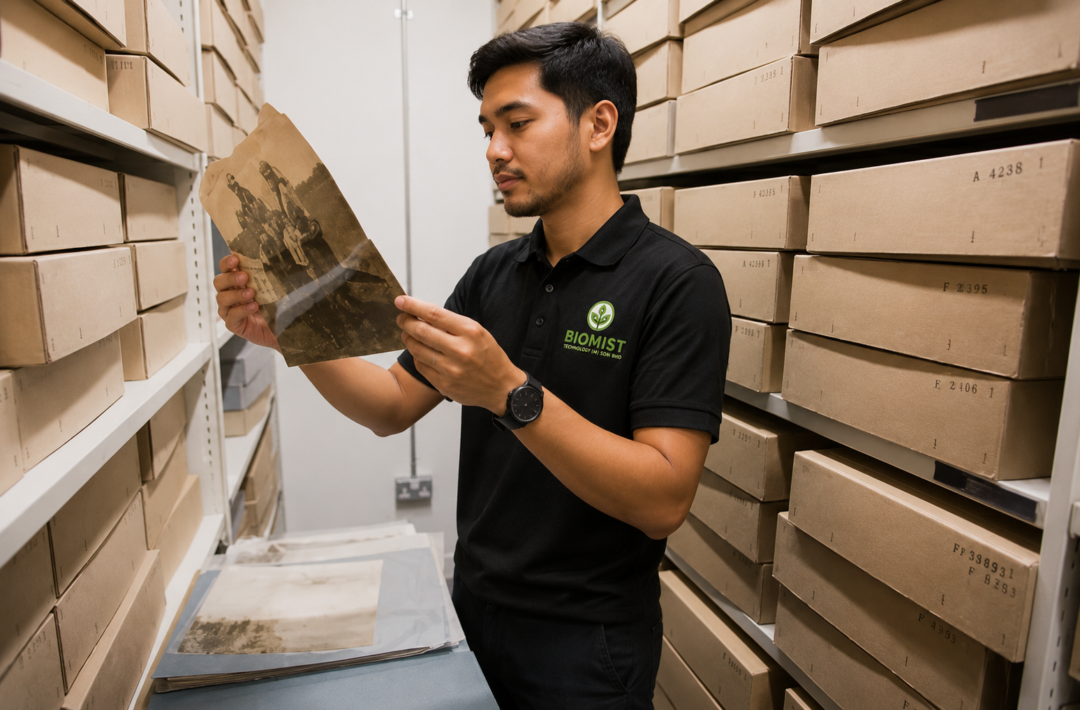 Biomist staff examining archival document